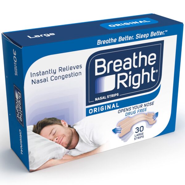 Front of the Breathe Right Congestion Relief Nasal Strips Original 30 strips Large box